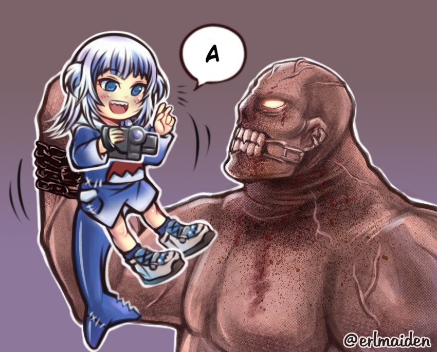 1girl, blue_eyes, blue_hair, blush_stickers, camera, chain, chris_walker, fins