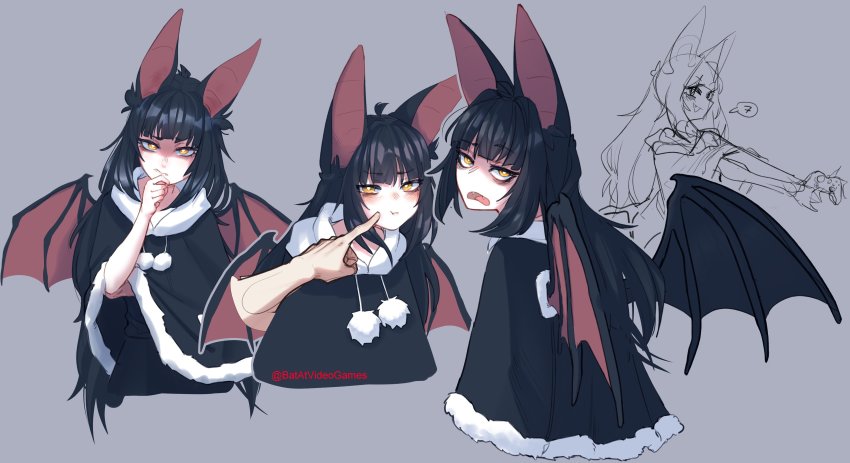 1girl, absurdres, animal_ears, annoyed, bat_ears, bat_girl, bat_wings, moriko_kyoho, black_hair, blunt_bangs, blush, cheek_poking, commission, cropped_torso, fangs, grey_background, hand_up, highres, indie_virtual_youtuber, long_hair, multiple_views, open_mouth, orange_eyes, poking, poncho, popopoka, sketch, skirt, thinking, upper_body, virtual_youtuber, wings