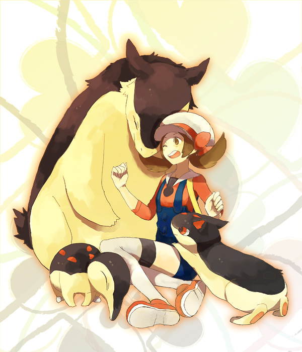 00s, 1girl, bad_id, bad_pixiv_id, brown_hair, cyndaquil, evolution, gen_2_pokemon, hat, kumita_(sumica), lyra_(pokemon), nintendo, overalls, pokemon, pokemon_(creature), pokemon_heartgold_and_soulsilver, quilava, typhlosion