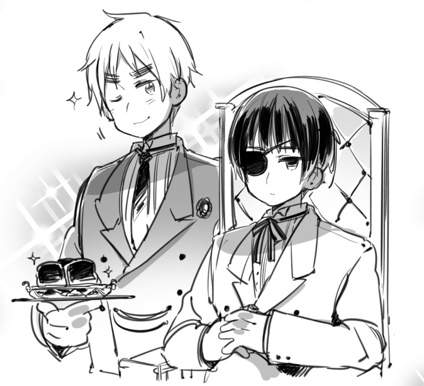 2boys, axis_powers_hetalia, bad_food, ciel_phantomhive, ciel_phantomhive_(cosplay), cioccolatodorima, cosplay, eyepatch