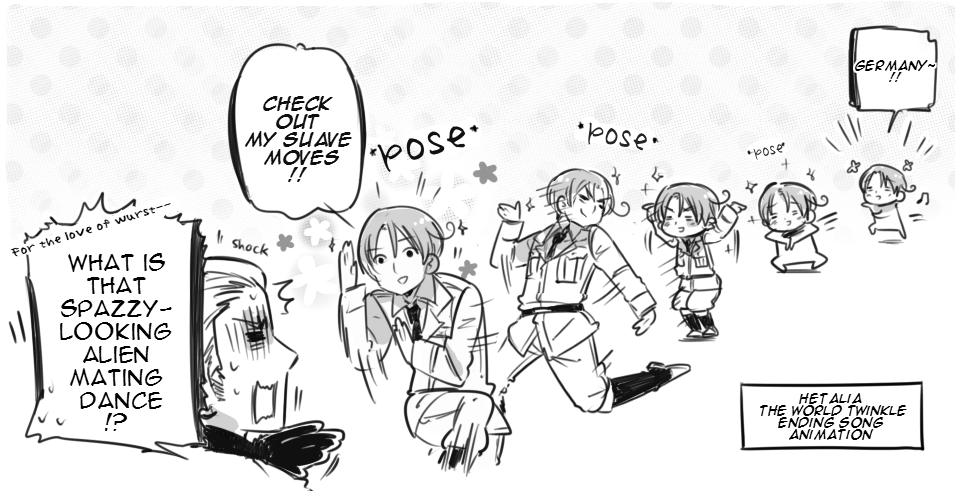 2boys, =_=, ^^^, axis_powers_hetalia, chibi, cioccolatodorima, dancing, doyagao