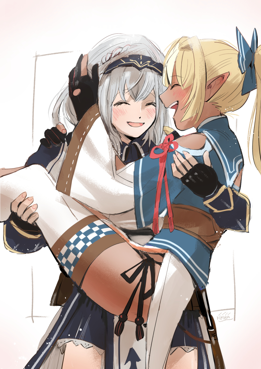 2girls, artist_name, black_gloves, blonde_hair, blush, carrying, closed_eyes, commentary_request