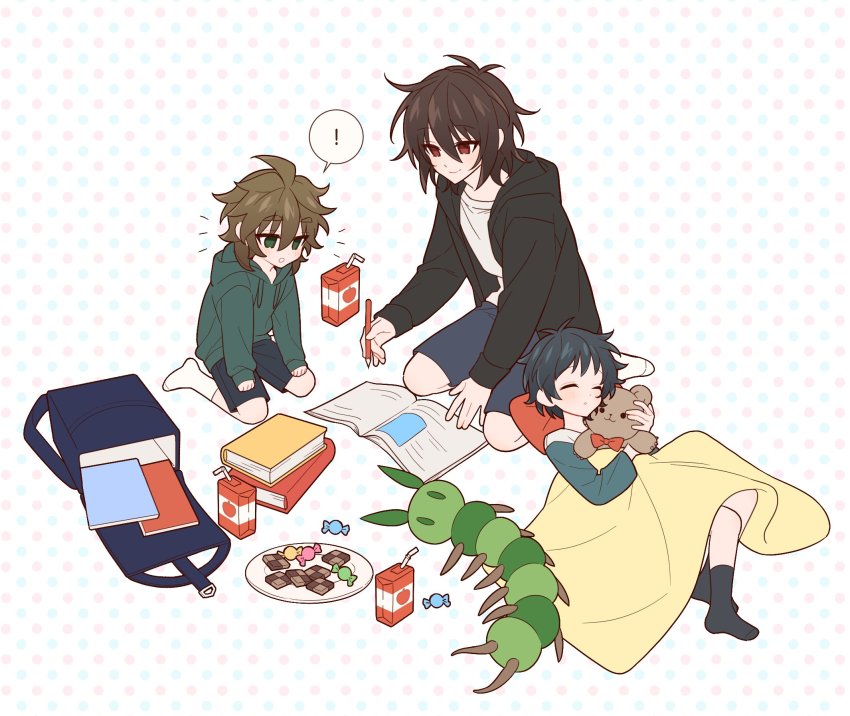 !, 3boys, abysscake, ahoge, black_jacket, black_shorts, blanket, blonde_hair