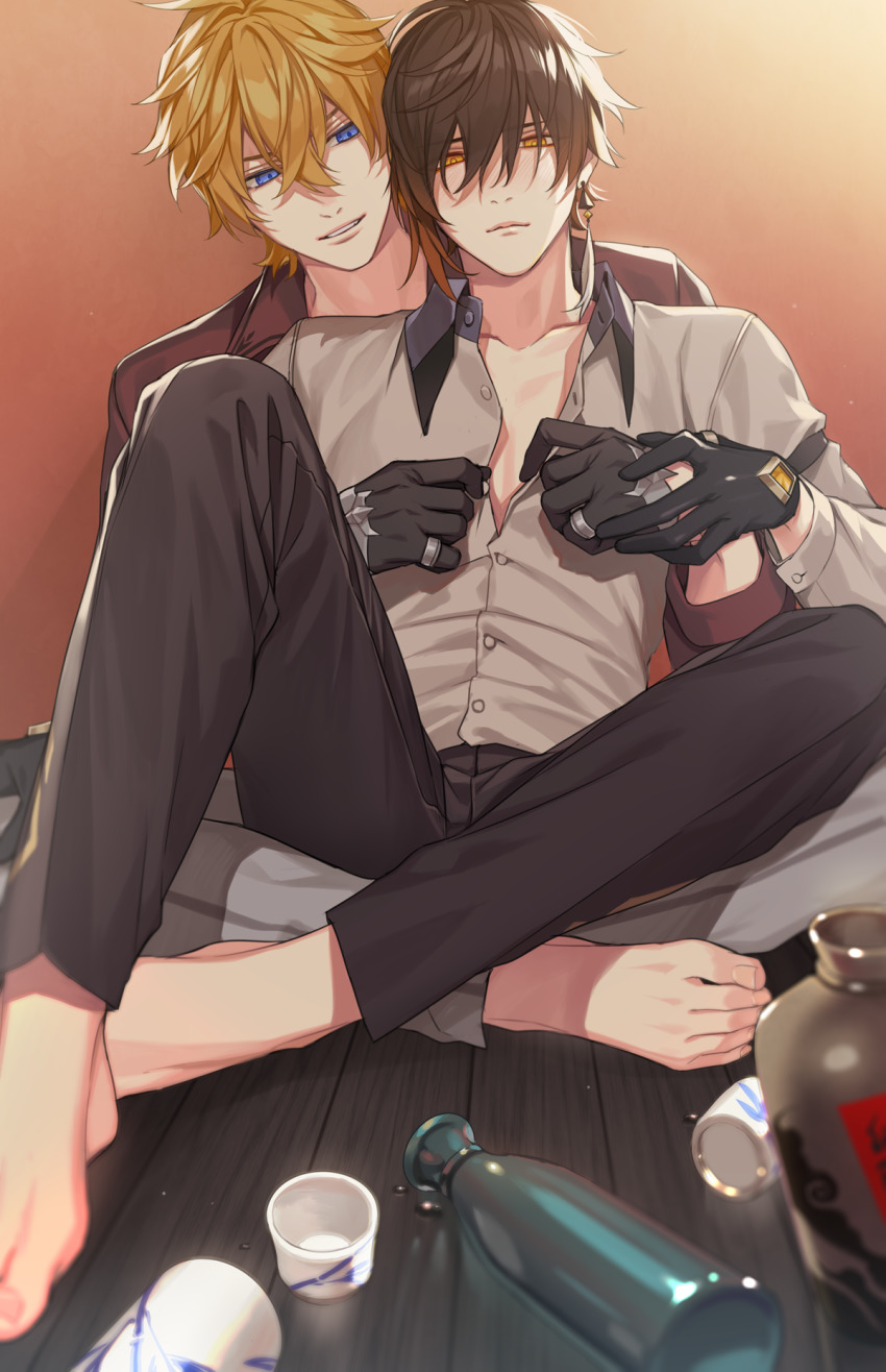 2boys, ahoge, barefoot, black_gloves, black_pants, blue_eyes, blush, bottle