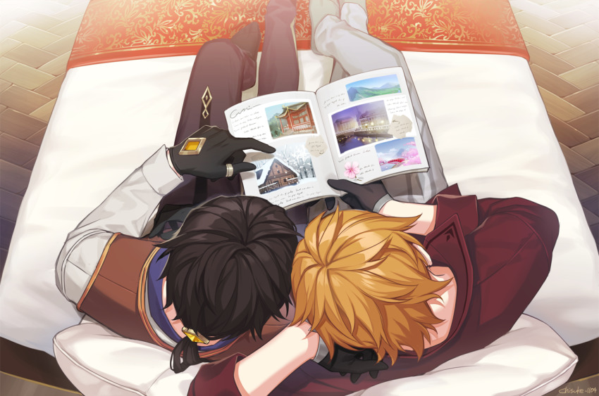2boys, ahoge, book, brown_hair, casual, chisuke_1104, contemporary, couch