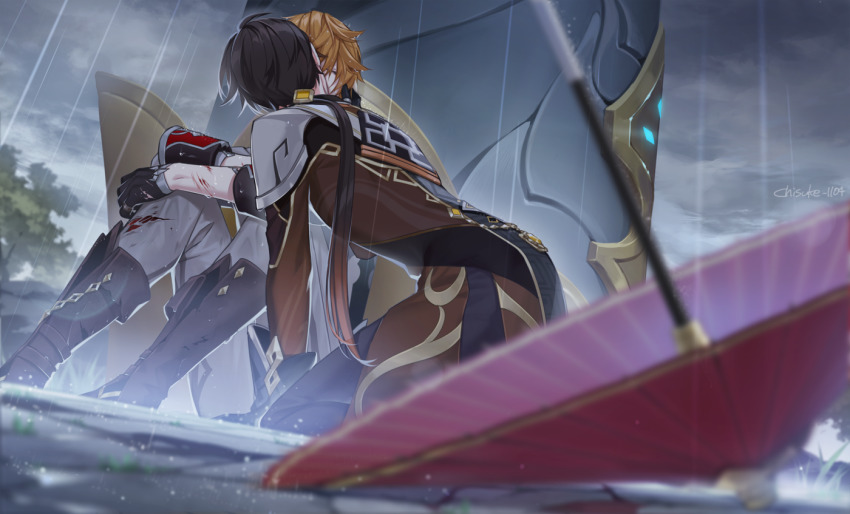 2boys, armor, blood, blood_on_clothes, boots, brown_hair, chisuke_1104, cloud