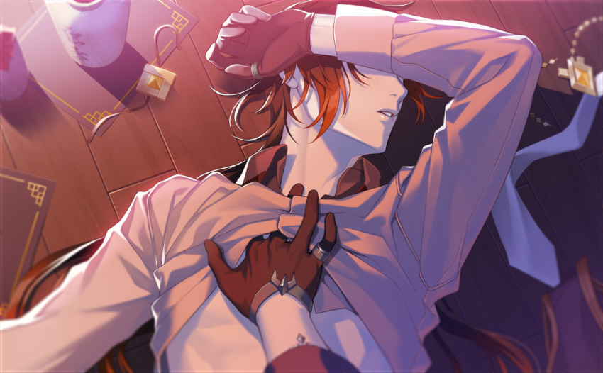 2boys, alternate_costume, arm_over_head, black_gloves, brown_hair, casual, chisuke_1104, clothes_lift, couple, genshin_impact, gloves, gradient_hair, hair_between_eyes, hand_over_face, jewelry, lifting_another's_clothes, long_hair, male_focus, multicolored_hair, multiple_boys, ponytail, pov, pov_hands, ring, shirt_lift, short_hair, solo_focus, tartaglia_(genshin_impact), undressing_another, upper_body, yaoi, zhongli_(genshin_impact)