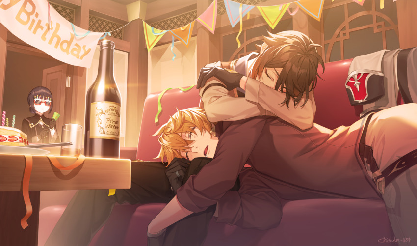 1girl, 2boys, ahoge, birthday, blue_eyes, bottle, brown_hair, cake, character_request, chisuke_1104, confetti, couch, couple, eyelashes, feet_out_of_frame, food, formal_clothes, genshin_impact, gradient_hair, hair_between_eyes, long_hair, male_focus, multicolored_hair, multiple_boys, on_couch, ponytail, short_hair, sleeping, sleeping_on_person, tartaglia_(genshin_impact), wine_bottle, yaoi, yellow_eyes, zhongli_(genshin_impact)