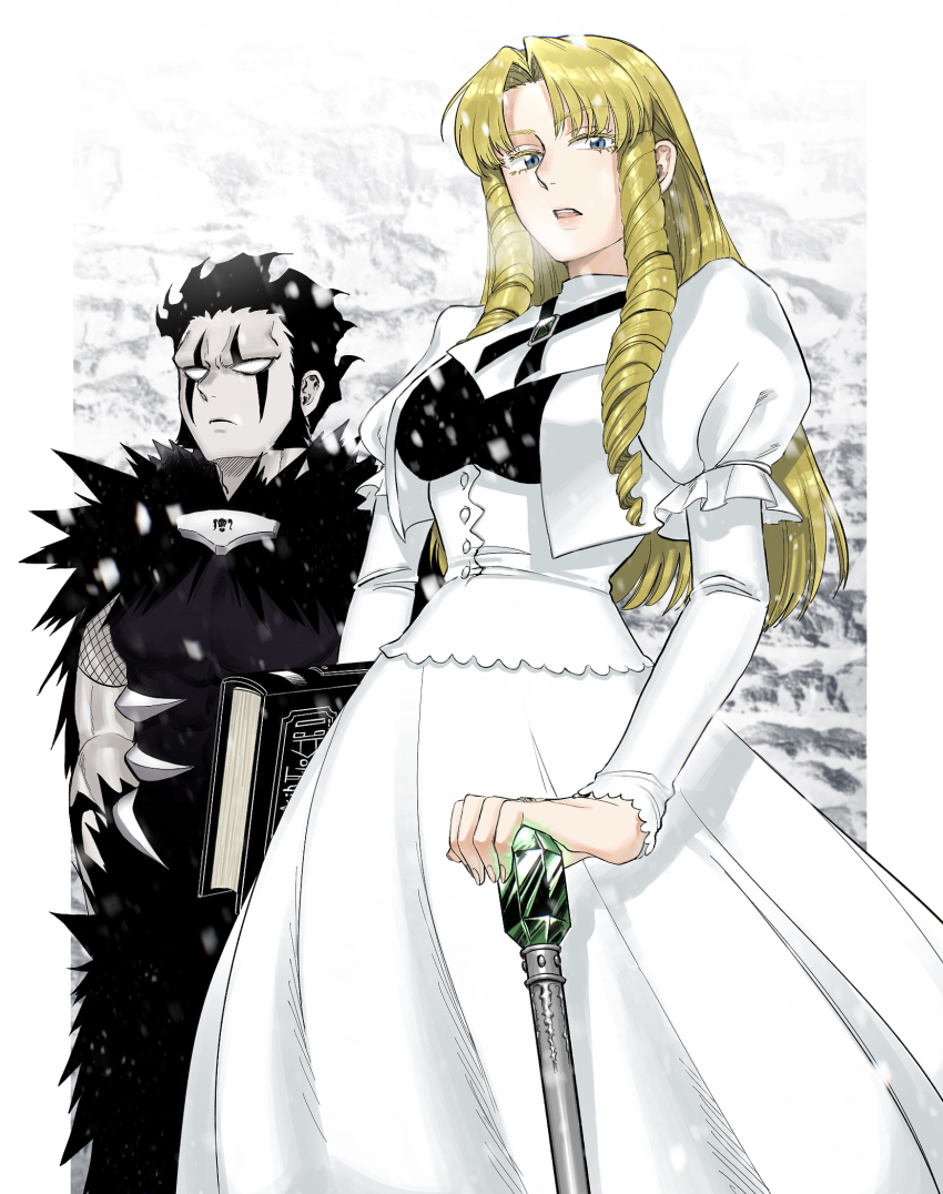 1boy, 1girl, black_gem, black_hair, black_ribbon, blank_eyes, blonde_hair, blue_eyes