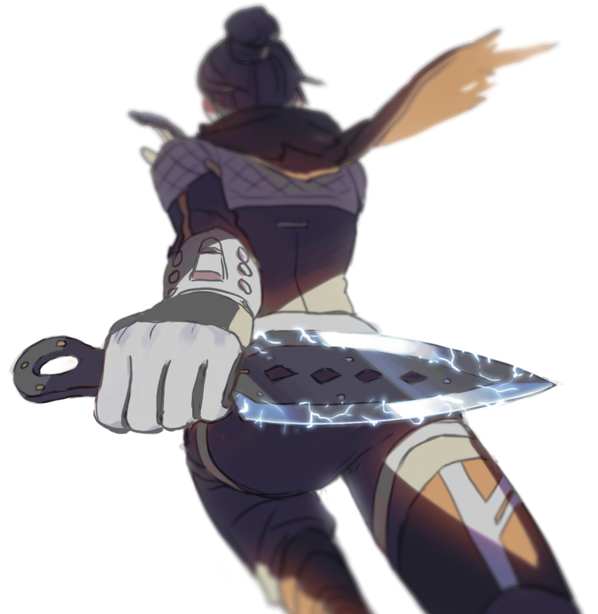 1girl, apex_legends, black_bodysuit, black_gloves, black_hair, bodysuit, electricity, foreshortening, from_behind, gloves, grey_gloves, hair_bun, highres, hoho_wotou, holding, holding_knife, knife, kunai, open_hand, solo, weapon, white_background, hope's_dusk_(apex_legends), wraith_(apex_legends)