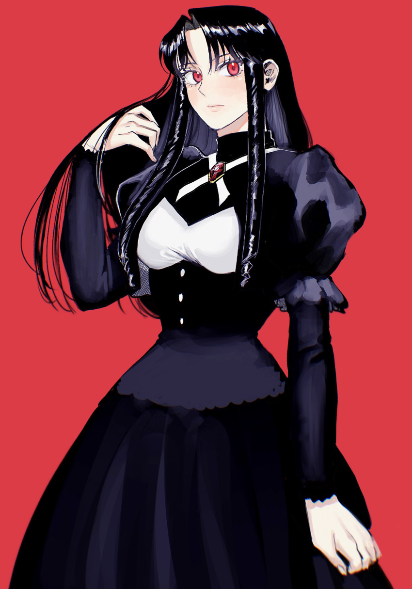 1girl, alternate_color, alternate_eye_color, alternate_hair_color, arm_at_side, black_dress, black_hair, black_jacket