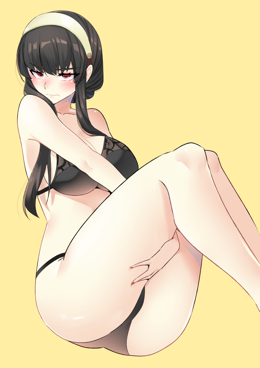 1girl, absurdres, ass, black_bra, black_hair, black_panties, blush, bra