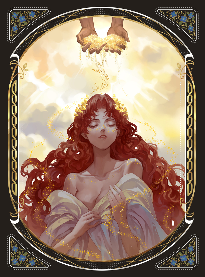 1girl, bare_shoulders, blue_flower, border, breasts, cleavage, cloak, cloud, collarbone, cupping_hands, dark_skin, dropping, dust, fatlulu_(1008), flower, glowing, gold, half-closed_eyes, hands_up, highres, laurel_crown, lips, long_hair, maximilian_calypse, naked_cloak, out_of_frame, own_hands_together, parted_bangs, parted_lips, portrait_(object), red_hair, red_lips, sky, solo_focus, under_the_oak_tree, upper_body, very_long_hair, wavy_hair