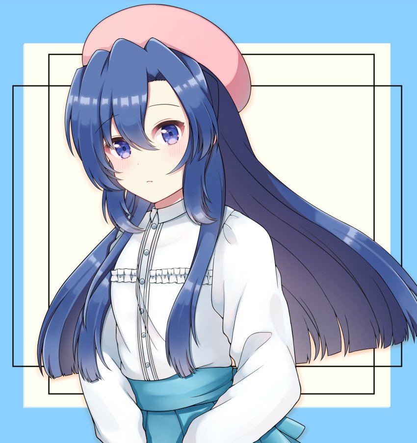 1girl, absurdres, beret, blue_hair, blue_skirt, hat, highres, kasaki_naru