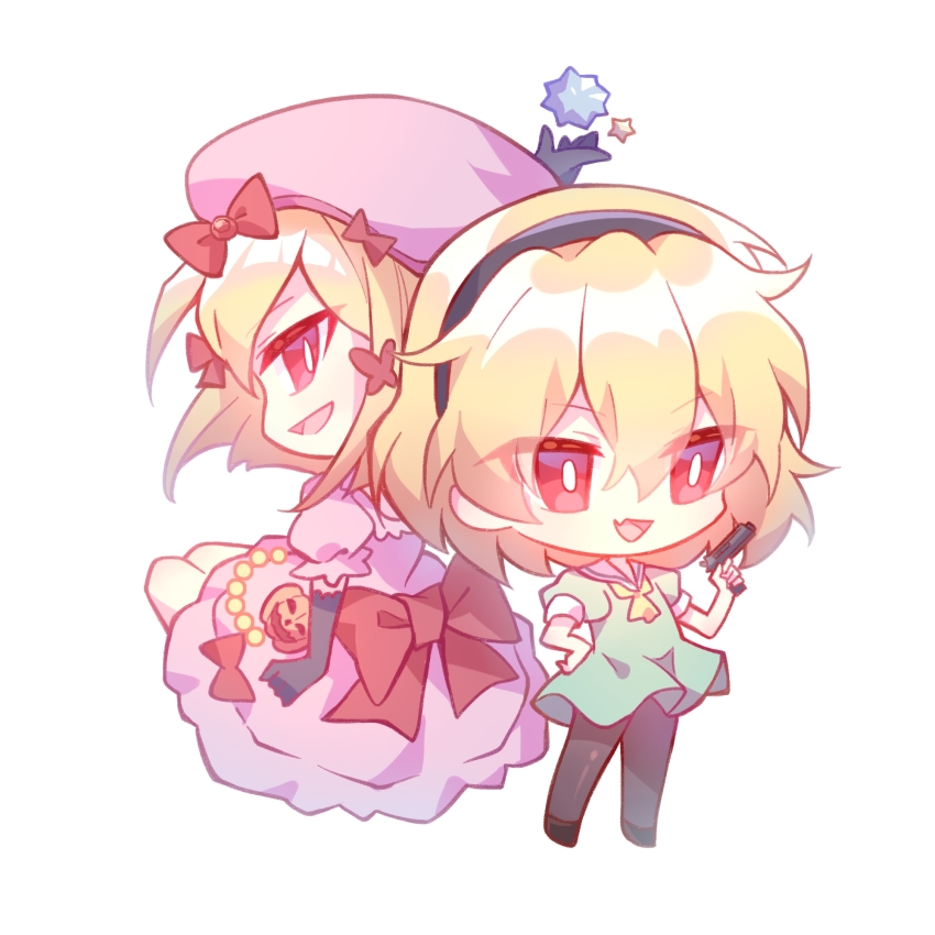 2girls, :d, ascot, black_hairband, black_legwear, blonde_hair, bow, bright_pupils