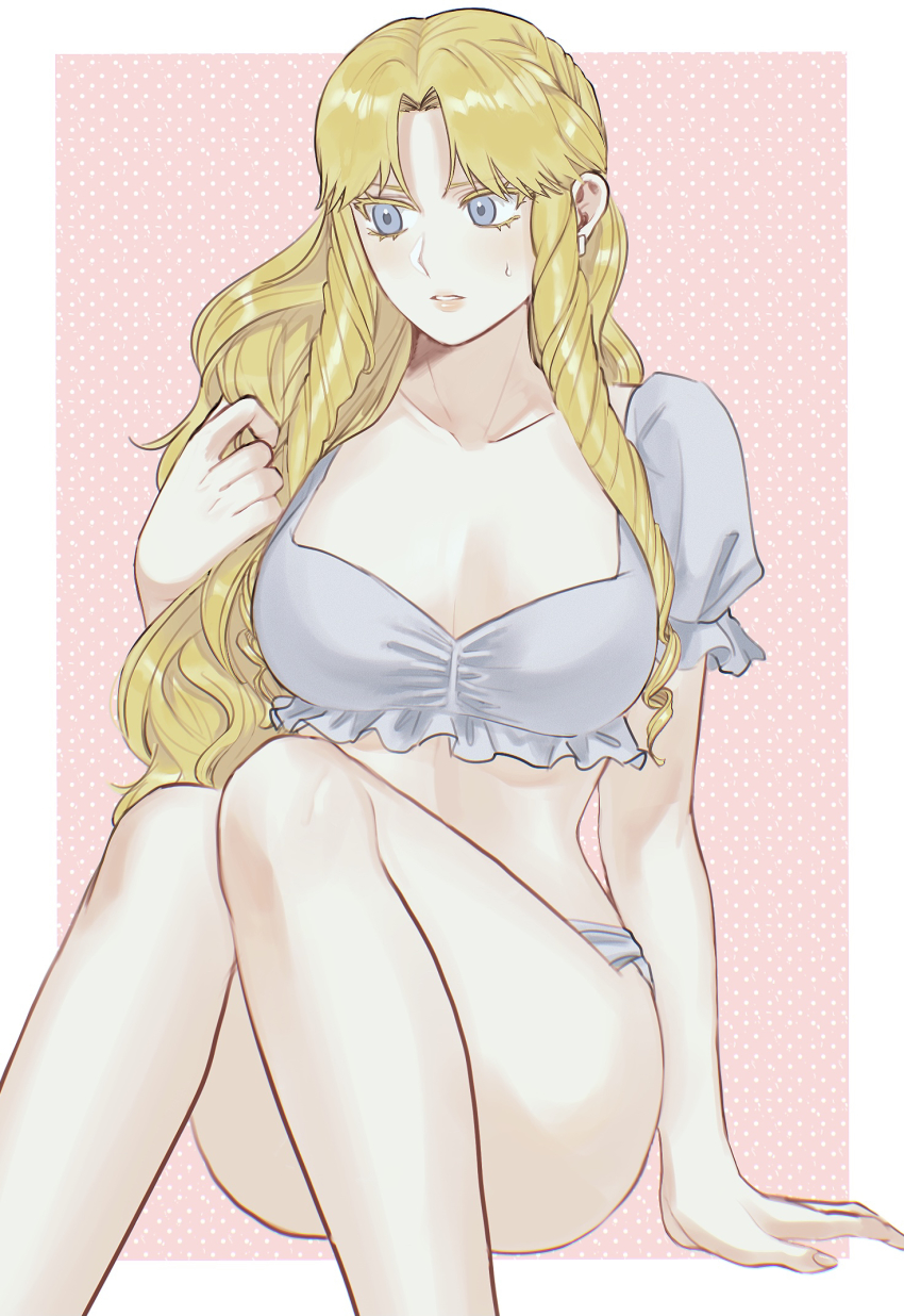 1girl, arm_support, bare_arms, blonde_hair, blue_eyes, braid, breasts, cleavage, collarbone, convenient_leg, drill_hair, earrings, feet_out_of_frame, frilled_sleeves, frills, hand_up, highres, holding, holding_own_hair, jewelry, knees_up, konjiki_no_gash!!, large_breasts, long_hair, looking_at_hand, looking_away, outside_border, ozaki_(tsukiko3), panties, parted_lips, puffy_short_sleeves, puffy_sleeves, red_background, ringlets, sherry_belmont, short_sleeves, side_drill, sitting, solo, twin_drills, underwear, wavy_hair, white_panties