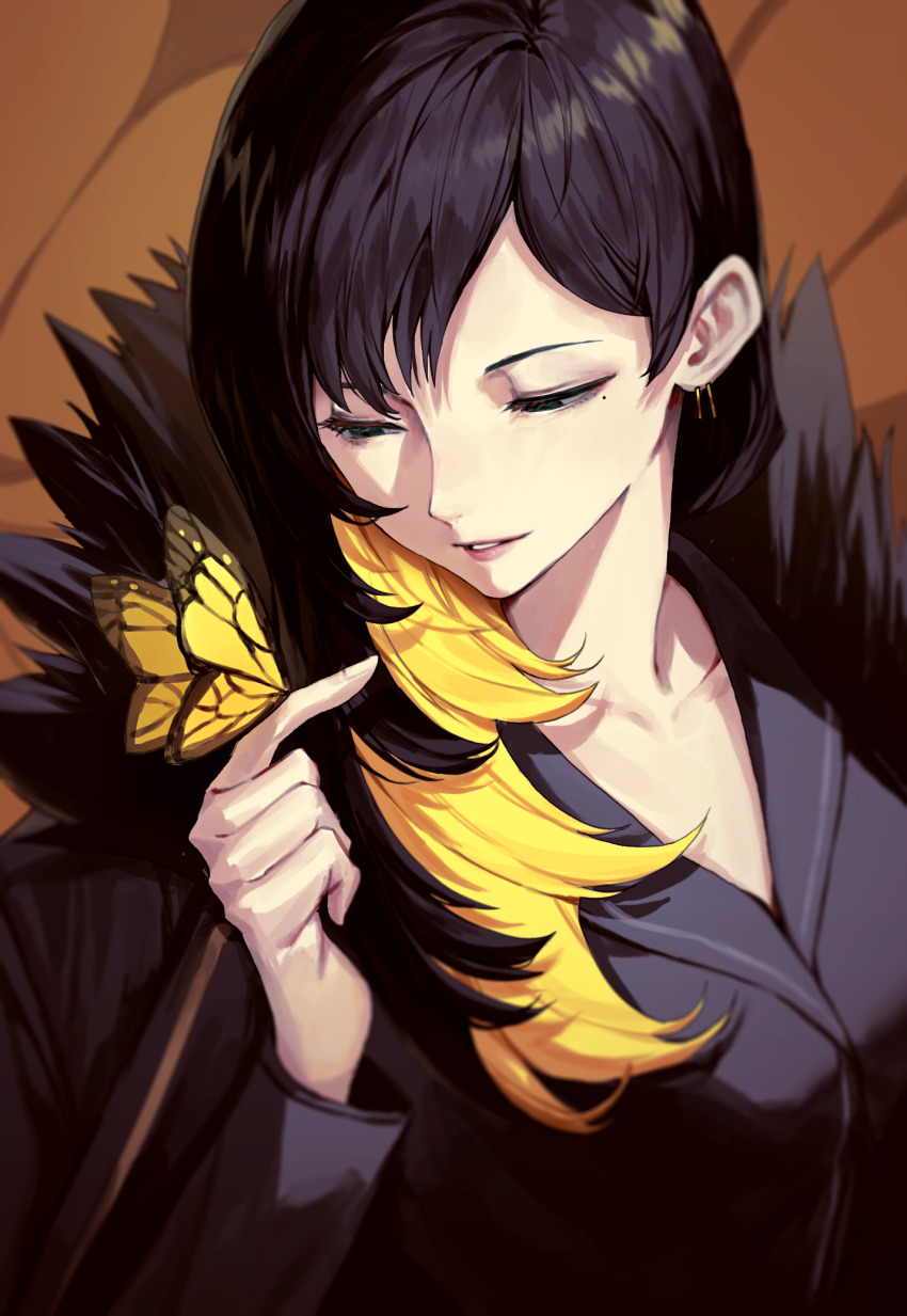 1girl, binah_(project_moon), black_shirt, blonde_hair, bug, butterfly, butterfly_on_hand, carol0905
