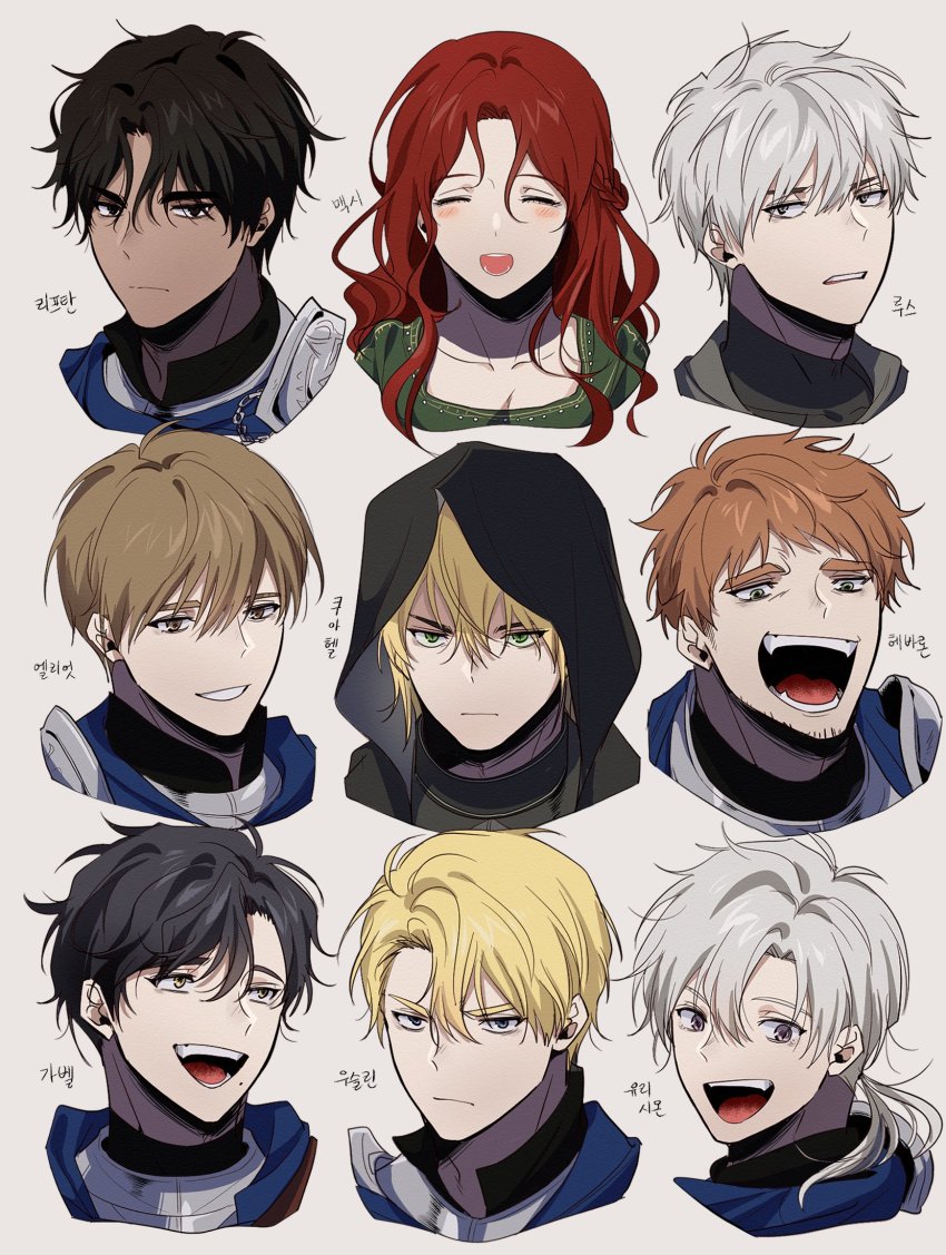 1girl, 6+boys, :d, ^_^, armor, black_hair, blonde_hair, breasts