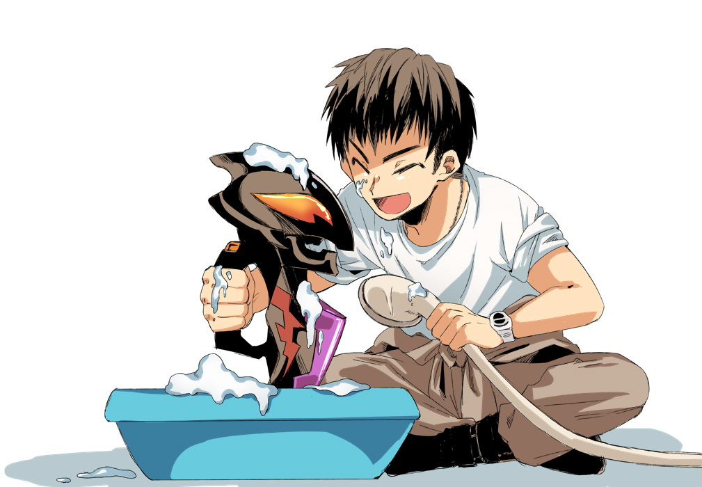 1boy, ^_^, beliarok, black_footwear, black_hair, boots, brown_pants, closed_eyes