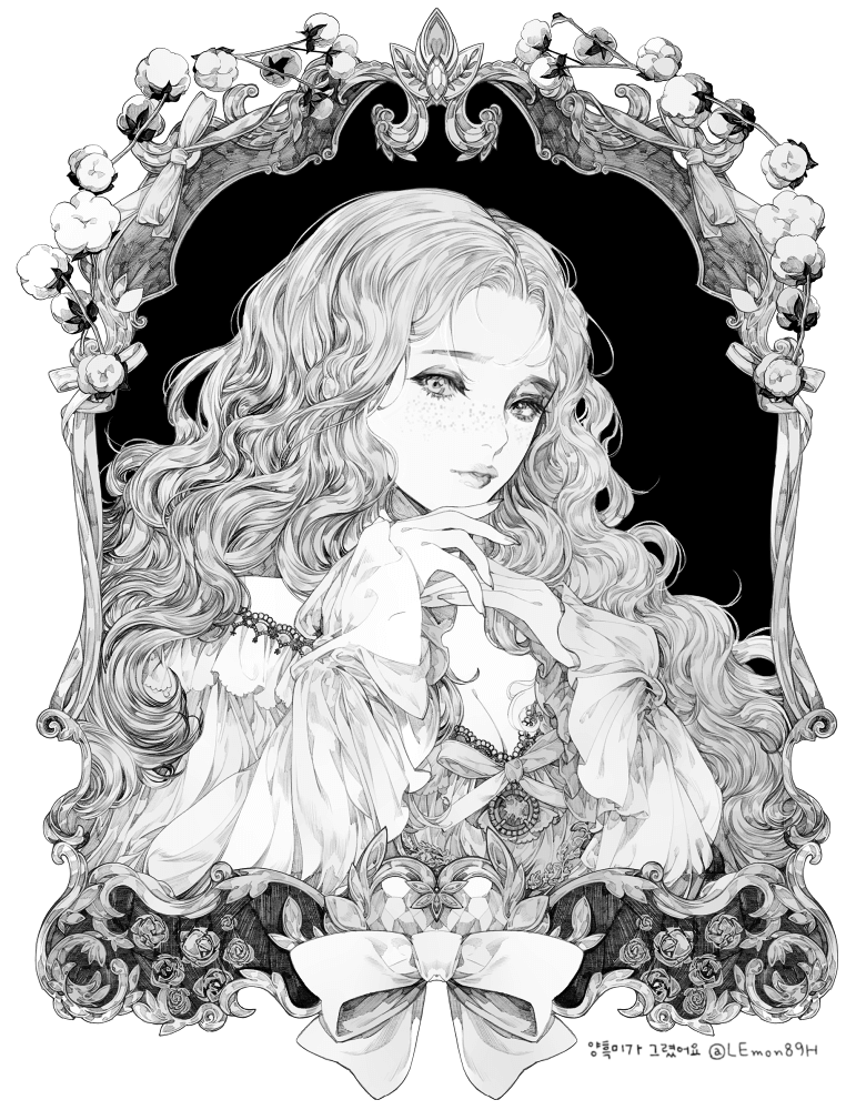 1girl, border, bow, breasts, brooch, cleavage, dress, eyelashes, eyeshadow, flower, freckles, greyscale, hands_up, jewelry, korean_commentary, lace, lace-trimmed_dress, lace_trim, lemon89h, lineart, lips, long_hair, long_sleeves, looking_at_viewer, makeup, maximilian_calypse, monochrome, own_hands_together, portrait_(object), ribbon, rose, solo, under_the_oak_tree, upper_body, wavy_hair