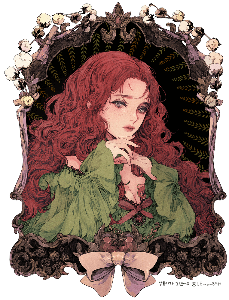 1girl, blue_eyes, border, bow, breasts, brooch, cleavage, dress