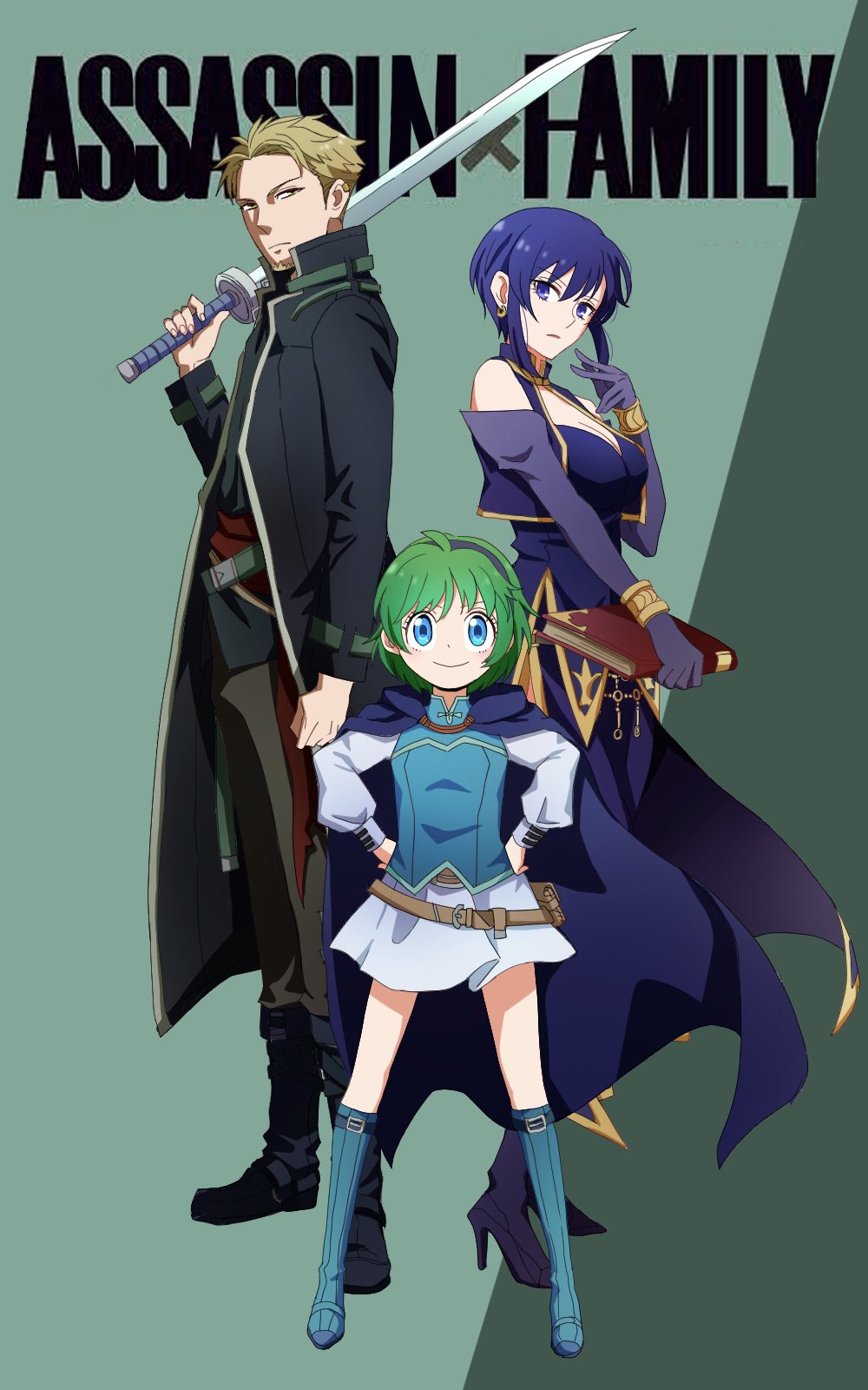1boy, 2girls, blonde_hair, book, boots, breasts, cleavage, coat, crossover, dress, facial_hair, fire_emblem, fire_emblem:_the_blazing_blade, gloves, green_eyes, green_hair, hands_on_own_hips, highres, lloyd_(fire_emblem), multiple_girls, name_connection, nino_(fire_emblem), nintendo, parody, purple_hair, skirt, spy_x_family, sturm_fe_k11, sword, ursula_(fire_emblem), weapon