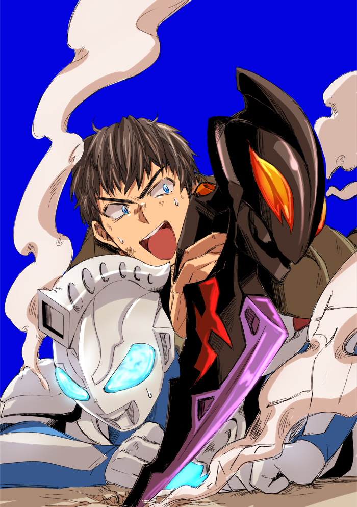 2boys, alien, beliarok, black_hair, blue_eyes, glowing, glowing_eyes, hair_behind_ear