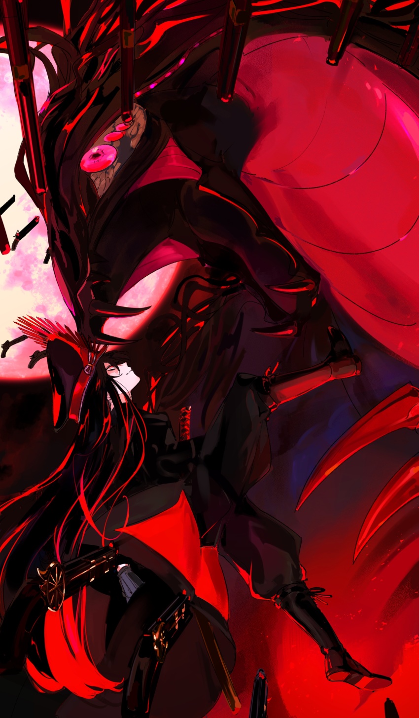 1girl, absurdres, black_hair, boots, cape, ddlcclia, dragon, fangs, fate/grand_order, fate_(series), floating, floating_object, floating_weapon, full_moon, gun, hat, highres, katana, long_hair, moon, multiple_weapons, musket, oda_nobunaga_(fate), oda_nobunaga_(koha-ace), oryou_(dragon)_(fate), oryou_(fate), red_eyes, red_moon, smile, sword, weapon