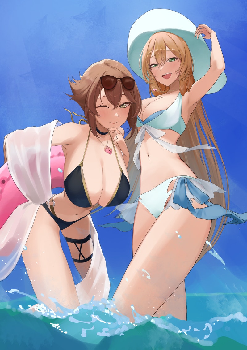 2girls, bikini, black_bikini, blush, breasts, brown_hair, choker, cleavage