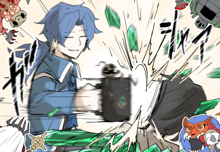 1boy, 1girl, 1other, adult_who_tells_lies_(project_moon), blood, bloody_weapon, blue_hair, breaking, chesed_(project_moon), closed_eyes, cup, formal_clothes, gem, green_gem, hitting, jack_(project_moon), kankan33333, library_of_ruina, logo, long_hair, motion_lines, mug, open_mouth, ozma_(project_moon), parted_lips, ponytail, project_moon, road_home_(project_moon), roland_(project_moon), scarecrow_searching_for_wisdom, scaredy_cat_(project_moon), smile, spoilers, staff, suit, warm-hearted_woodsman, weapon, white_background