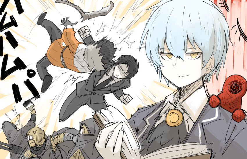 1girl, 2boys, 3others, angela_(project_moon), arnold_(project_moon), ascot, attack, attacking, bloodbath_(project_moon), blue_hair, book, consta_(project_moon), formal_clothes, full_body, half-closed_eyes, holding, holding_book, kankan33333, lariat, library_of_ruina, light_blue_hair, looking_at_viewer, mo_(project_moon), multiple_boys, multiple_others, naoki_(project_moon), open_book, project_moon, roland_(project_moon), scythe, sketch, suit, taein_(library_of_ruina)