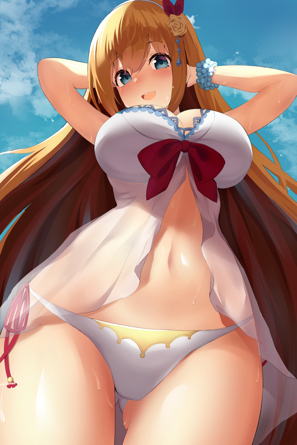 1girl, ahoge, arms_behind_head, arms_up, bikini, blue_eyes, blush, braid