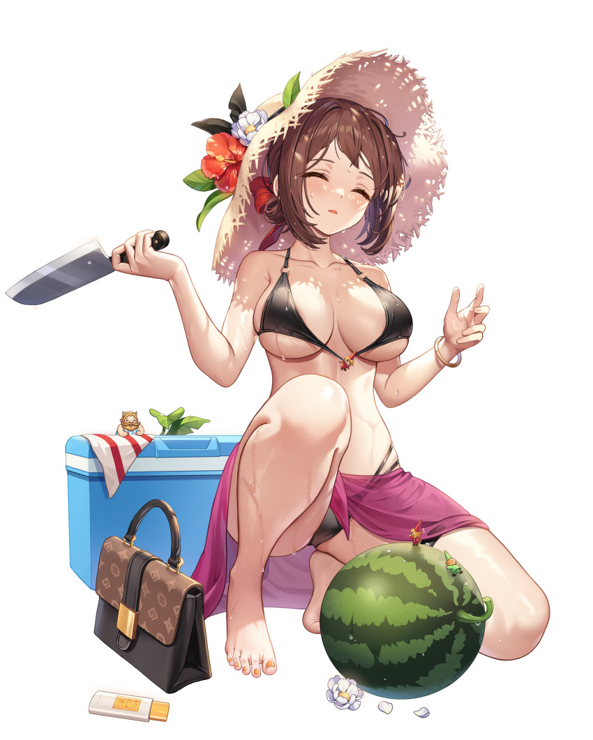1girl, absurdres, bag, bare_shoulders, bikini, black_bikini, blush, bracelet, breasts, brown_hair, closed_eyes, food, fruit, full_body, game_cg, guardian_tales, hat, highres, holding, holding_knife, innkeeper_loraine, jewelry, knife, medium_breasts, medium_hair, official_alternate_costume, official_art, on_one_knee, open_mouth, see-through_clothes, straw_hat, swimsuit, transparent_background, watermelon, wet, wet_clothes