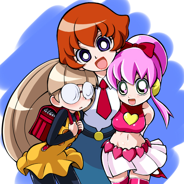 00s, 3girls, :d, :o, age_difference, backpack, bag, bashin_hayami