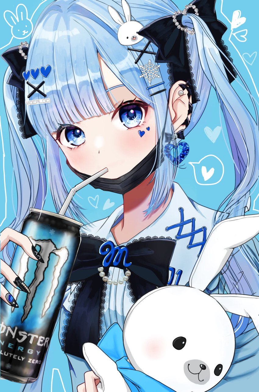 1girl, alternate_hairstyle, blue_eyes, blue_hair, blunt_bangs, blush, brooch, can, character_doll, collared_shirt, commentary_request, copyright_name, cross-laced_collar, doll, drink, drinking, drinking_straw, ear_piercing, earrings, eyebrows_hidden_by_hair, facial_mark, gem, hair_ornament, hair_ribbon, hairclip, hatsune_miku, heart, heart_earrings, heart_facial_mark, heart_hair_ornament, highres, holding, holding_drink, holding_stuffed_toy, initial, jewelry, jirai_kei, lace_ribbon, long_sleeves, looking_at_viewer, mask, mofmama, monster_energy, mouth_mask, multiple_earrings, nail_art, nail_polish, neck_ribbon, pearl_(gemstone), piercing, rabbit_hair_ornament, rabbit_yukine, ribbon, shirt, snowflake_hair_ornament, solo, spoken_heart, stuffed_animal, stuffed_rabbit, stuffed_toy, twintails, vocaloid, x_hair_ornament, yuki_miku
