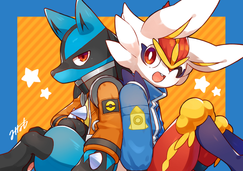 2boys, absurdres, animal_ears, animal_hands, animal_nose, artist_name, back-to-back, black_fur, blue_border, blue_fur, blue_jacket, body_fur, border, bottomless, bright_pupils, buck_teeth, cinderace, cinderace_(space), clothed_pokemon, from_side, gen_4_pokemon, gen_8_pokemon, half-closed_eyes, happy, highres, jacket, knees_up, long_sleeves, looking_at_viewer, lucario, lucario_(space), male_focus, minamo_(pixiv17726065), multicolored_fur, multiple_boys, nintendo, one_eye_closed, open_clothes, open_jacket, open_mouth, orange_background, orange_jacket, outside_border, pawpads, poke_ball_symbol, pokemon, pokemon_(creature), pokemon_unite, rabbit_boy, rabbit_ears, red_eyes, red_fur, red_hair, short_hair, signature, simple_background, sitting, skindentation, smile, snout, spikes, star_(symbol), striped_background, teeth, thigh_strap, white_fur, white_pupils, wink, wolf_boy, wolf_ears, yellow_fur