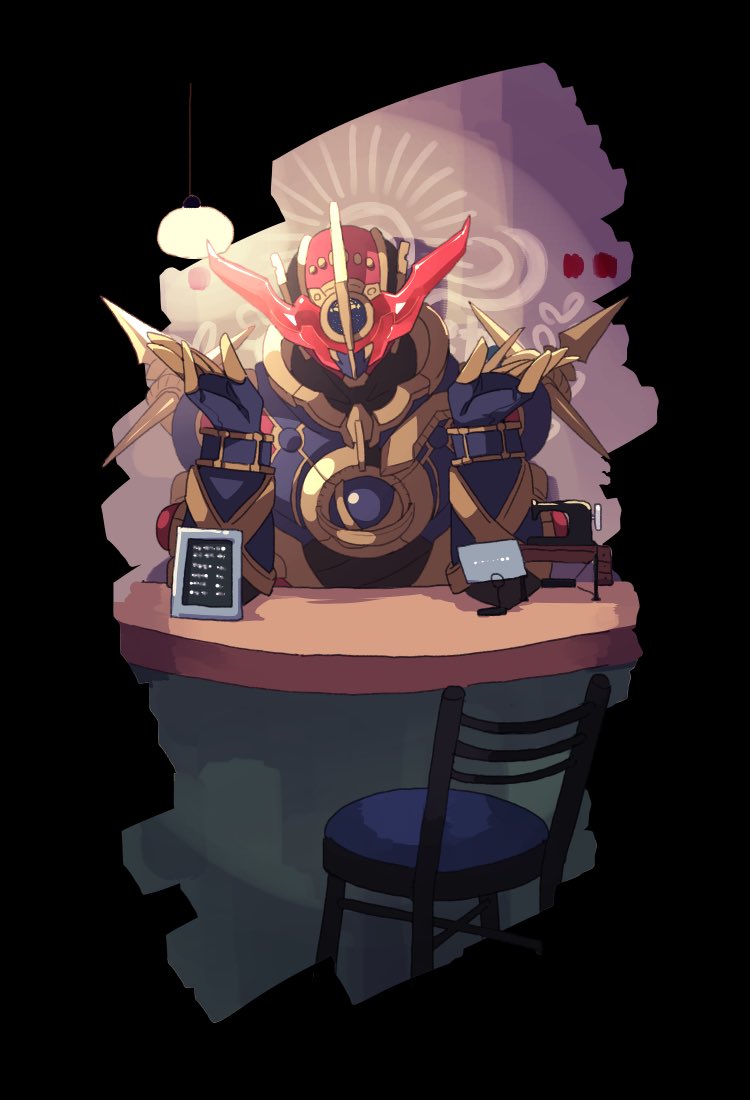 1boy, alien, armor, black_border, blue_armor, border, cafe, chair