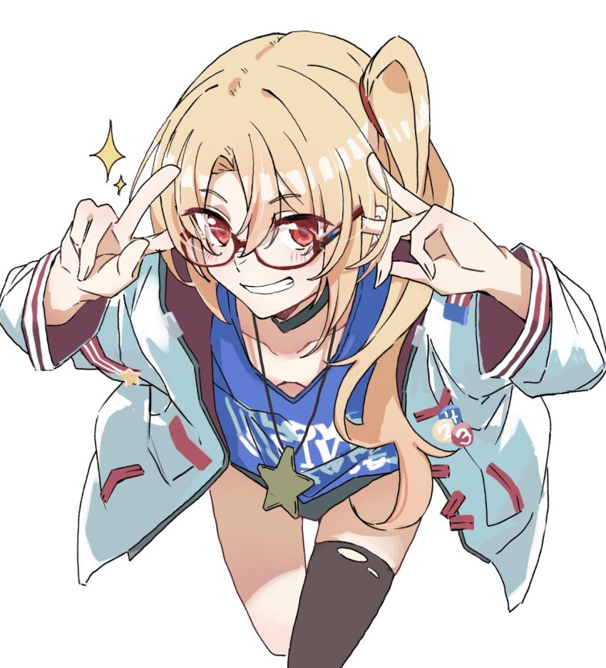 1girl, azur_lane, bespectacled, black_thighhighs, blonde_hair, blue_shirt, blush, breasts, bu4321, choker, cleveland_(azur_lane), cleveland_(road_trip!)_(azur_lane), cropped_legs, double_v, downblouse, glasses, grin, highres, jacket, jewelry, leaning_forward, long_hair, long_sleeves, looking_at_viewer, necklace, no_bra, open_clothes, open_jacket, parted_bangs, red_eyes, semi-rimless_eyewear, shirt, side_ponytail, simple_background, single_thighhigh, small_breasts, smile, solo, sparkle, star_(symbol), star_necklace, teeth, thighhighs, torn_clothes, torn_thighhighs, v, white_background, white_jacket