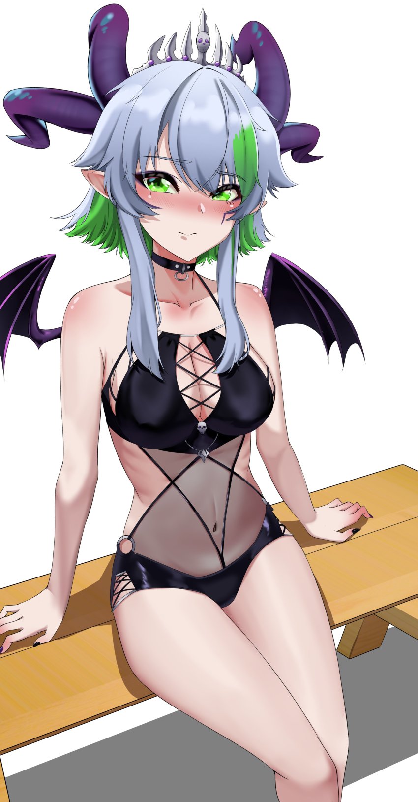 1girl, absurdres, bare_shoulders, bikini, black_nails, blush, breasts, apricot_the_lich, choker, cleavage, commentary, cross-laced_bikini, cross-laced_clothes, demon_wings, english_commentary, green_eyes, green_hair, highres, horns, kurotsuki_arts, looking_at_viewer, medium_breasts, multicolored_hair, multiple_horns, nail_polish, navel, short_hair, solo, swimsuit, thighhighs, virtual_youtuber, vshojo, wings