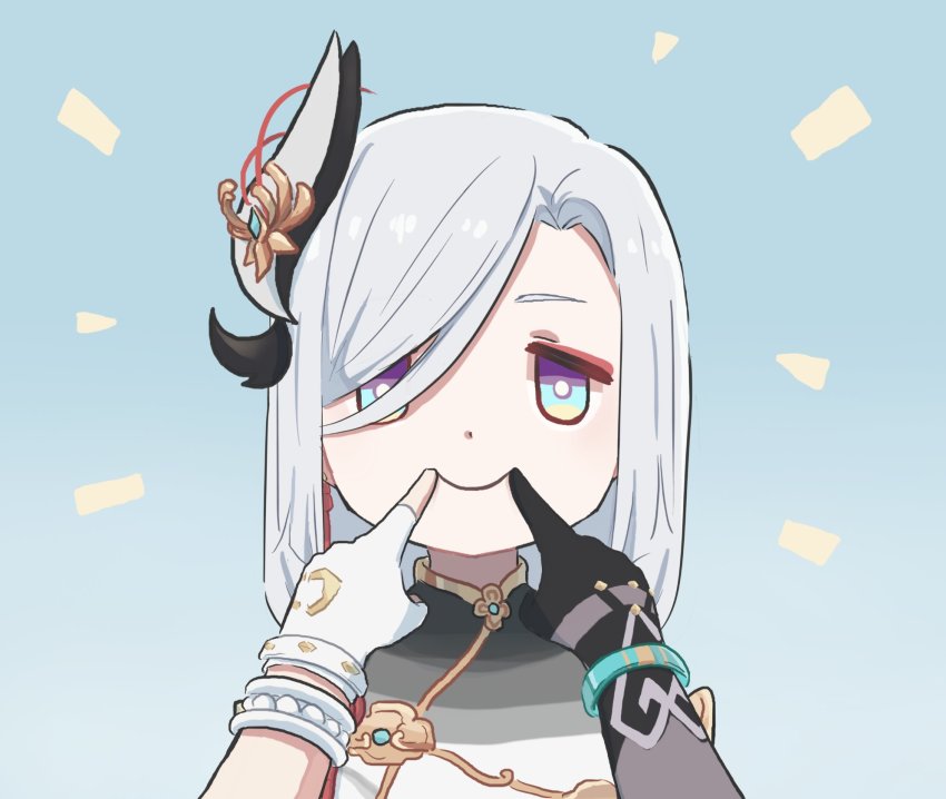 1girl, asymmetrical_gloves, black_gloves, blue_background, bracelet, chinese_clothes, chinese_knot, clothing_cutout