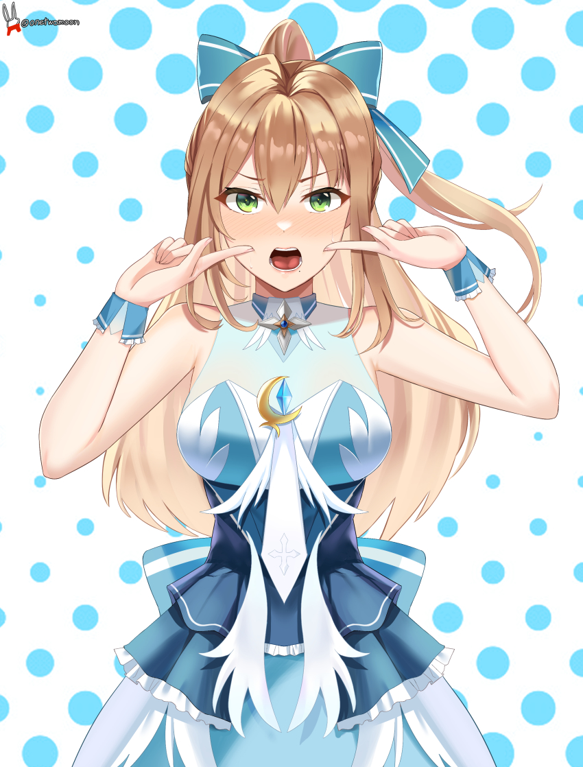 1girl, absurdres, alternate_costume, bare_shoulders, blue_bow, blue_dress, blush, bow, commentary, cowboy_shot, diene_(epic_seven), dotted_background, dress, epic_seven, frilled_cuffs, frilled_dress, frills, gem, green_eyes, hair_between_eyes, hair_bow, hands_up, highres, light_brown_hair, long_hair, looking_at_viewer, magical_girl, mole, mole_under_mouth, open_mouth, pointing, pointing_at_self, sleeveless, sleeveless_dress, solo, sweatdrop, tongue, twitter_username, twomoon, white_background, wrist_cuffs