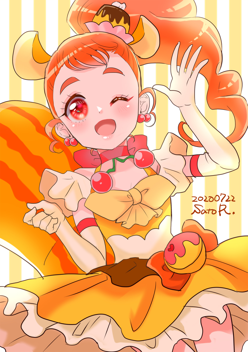 1girl, animal_ears, arisugawa_himari, bow, brown_eyes, brown_hair, cowboy_shot, cure_custard, earrings, elbow_gloves, extra_ears, food, food-themed_hair_ornament, gloves, hair_ornament, highres, jewelry, kirakira_precure_a_la_mode, long_hair, magical_girl, neck_bobbles, one_eye_closed, open_mouth, pom_pom_(clothes), pom_pom_earrings, pouch, precure, pudding, pudding_hair_ornament, ramune02, smile, solo, squirrel, squirrel_ears, squirrel_tail, striped_background, tail, yellow_background, yellow_bow, yellow_gloves