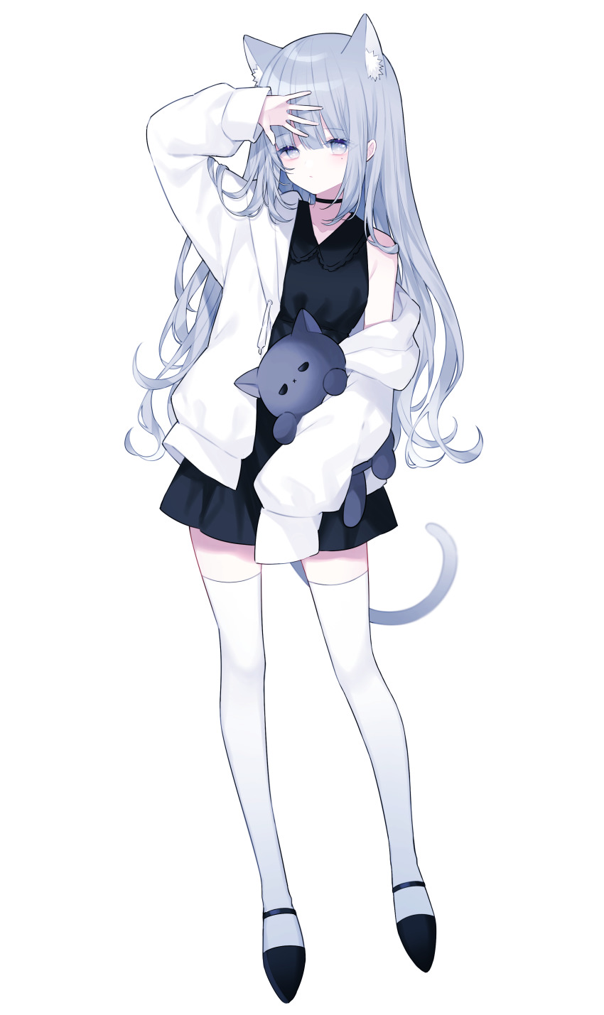 1girl, absurdres, animal_ear_fluff, animal_ears, black_choker, black_dress, black_shoes, cat_ears