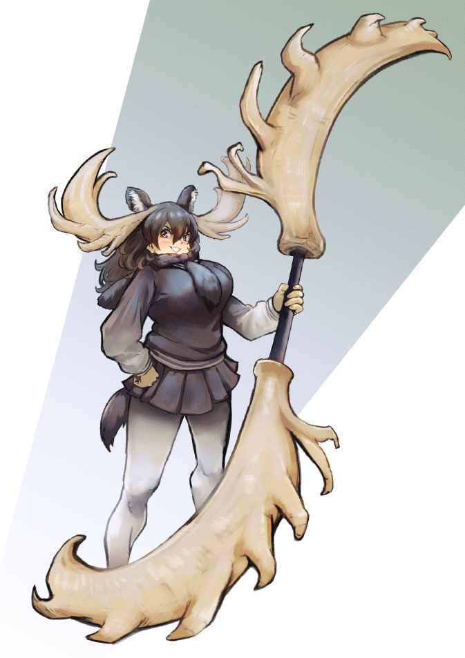 1girl, alternate_breast_size_(larger), animal_ears, antlers, black_hair, black_skirt, breasts, brown_eyes
