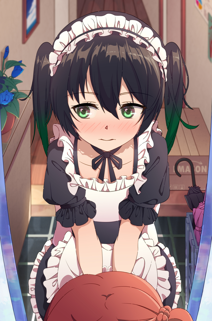 2girls, absurdres, alternate_costume, apron, black_dress, black_hair, blush, braid