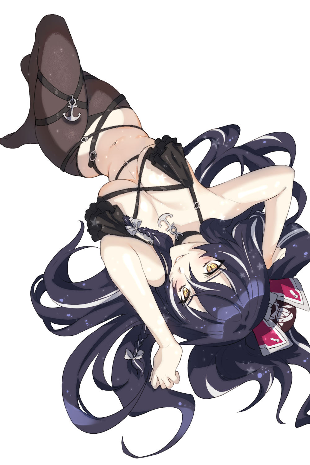 1girl, anchor_choker, arms_up, artist_request, bad_perspective, belt, bikini, black_bikini