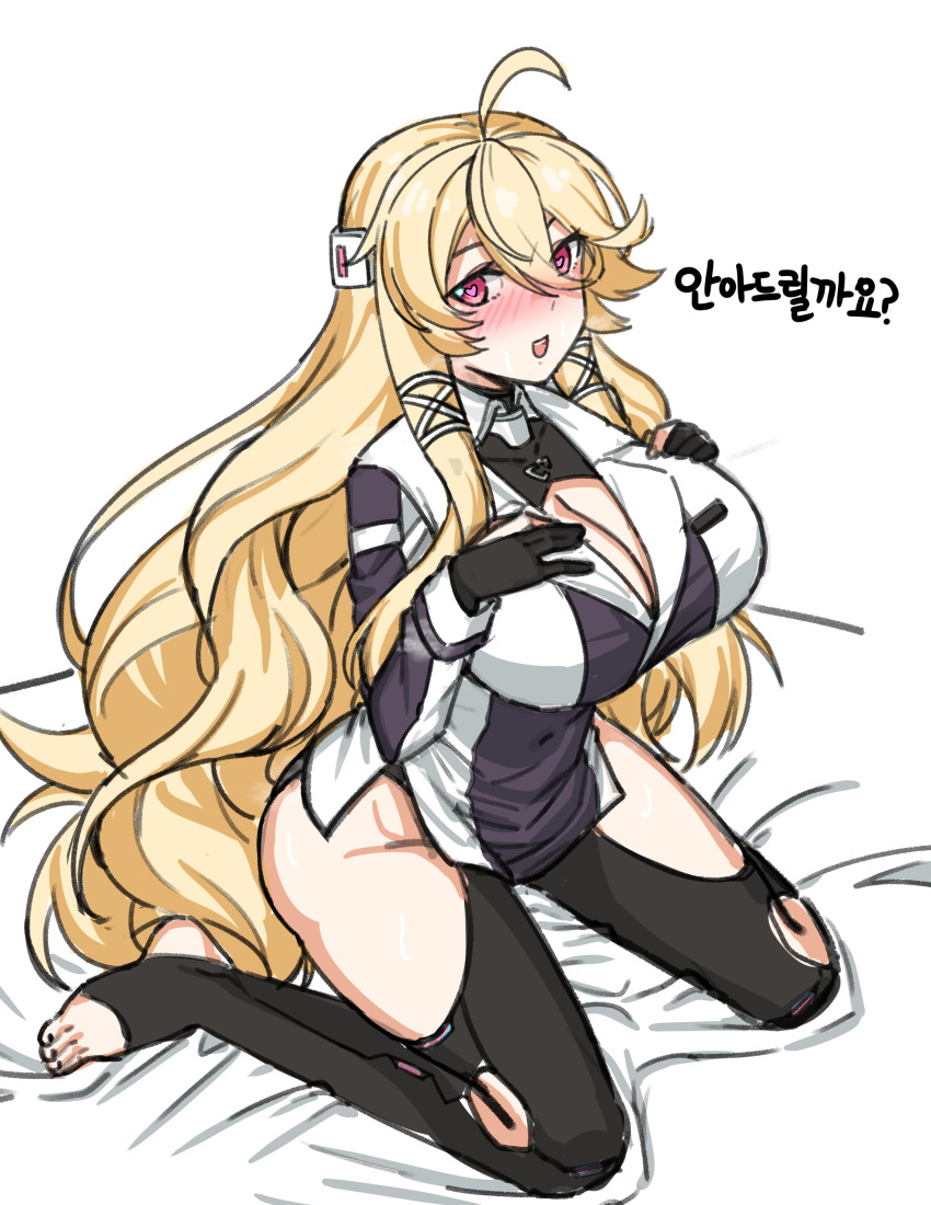 1girl, absurdres, ahoge, blacha_(dkskek157), black_gloves, black_thighhighs, blonde_hair, breasts