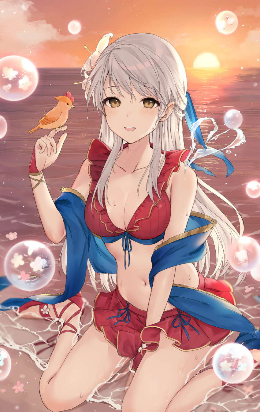 1girl, between_legs, bikini, bikini_skirt, bird, bird_on_hand, blue_shawl, blush