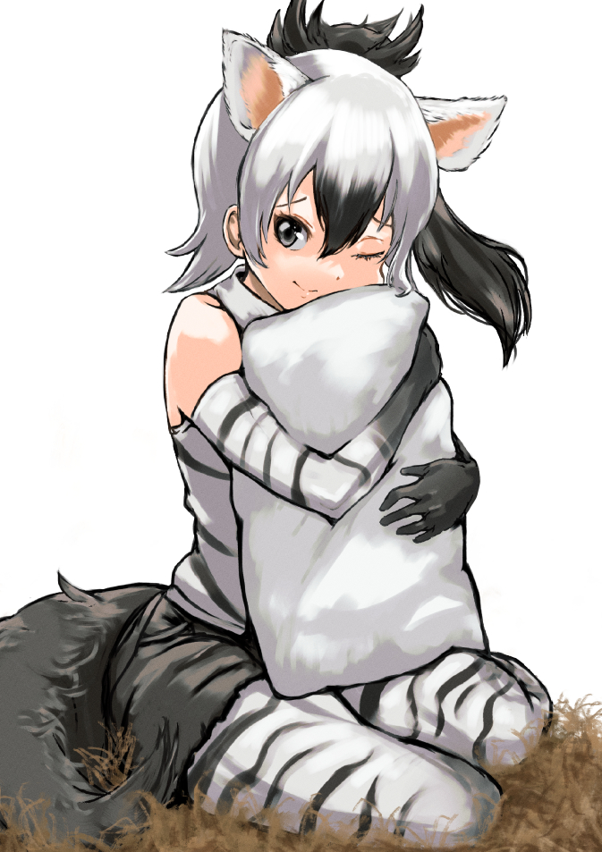 1girl, ;), aardwolf_(kemono_friends), animal_ears, animal_print, bare_shoulders, black_hair, black_shorts