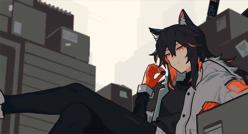 1girl, animal_ears, arknights, black_pantyhose, black_shirt, boots, box, carbon_(arknights)